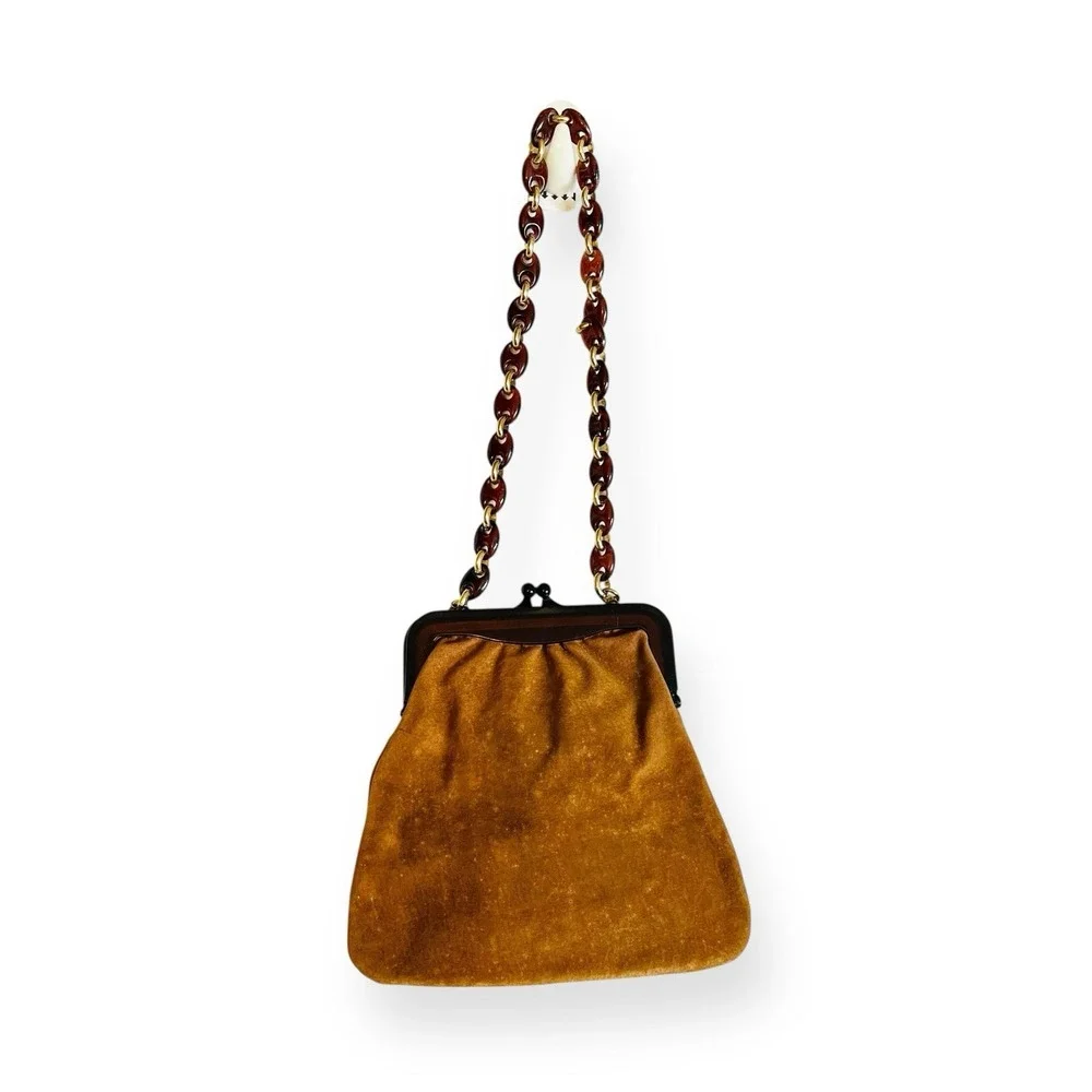 Vintage Saks Fifth Avenue Suede Satchel Shoulder Bag Brown Lucite Strap‎